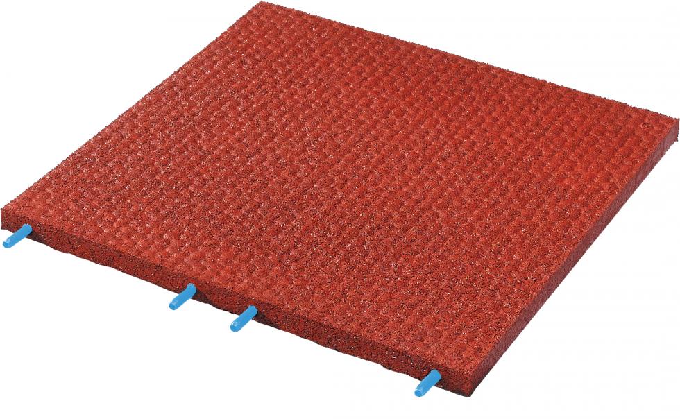Eine quadratische rote Komfortexplatte mit Hammerschlag Profil und auf der linken vorderen Seite vier blaue Verbindungszapfen, Draufsicht