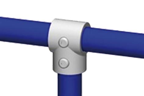 Schematische Darstellung einer Temperguss Faustschelle in weiss, welche zwei blaue Rohre verbindet. Zwei Noppen indizieren die Position der Fixierungsschrauben Die blauen Rohre stehen rechtwinklig zue