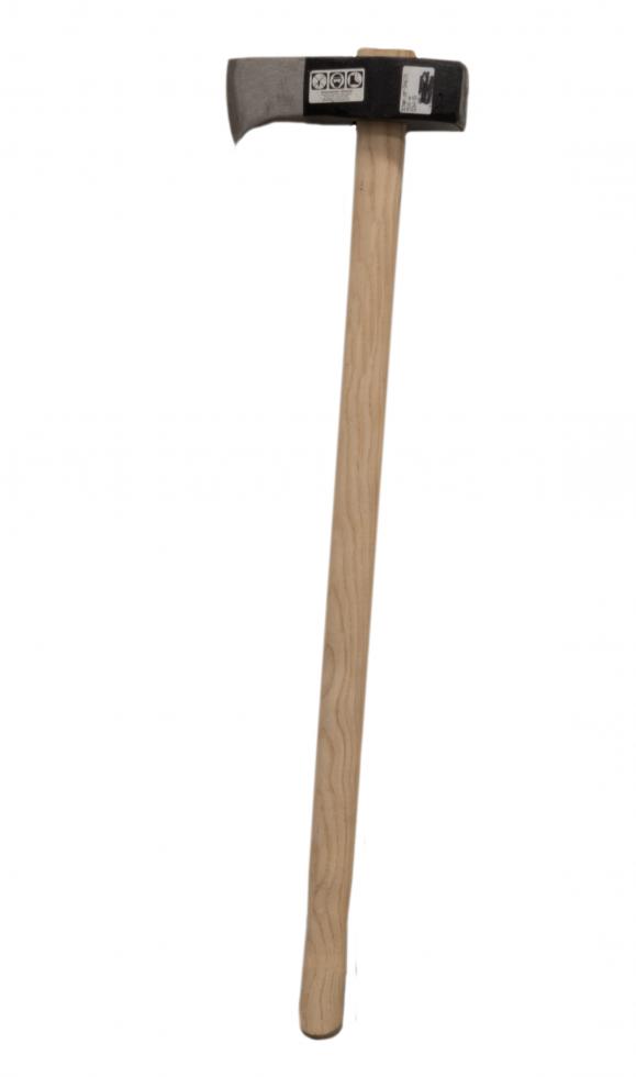 Ein Holzspalthammer mit metallenem, schwarz lackiertem Hammerkopf, einseitig ein Vierkant, anderseitig mit metallischer Schneide und einem Holzstiel 