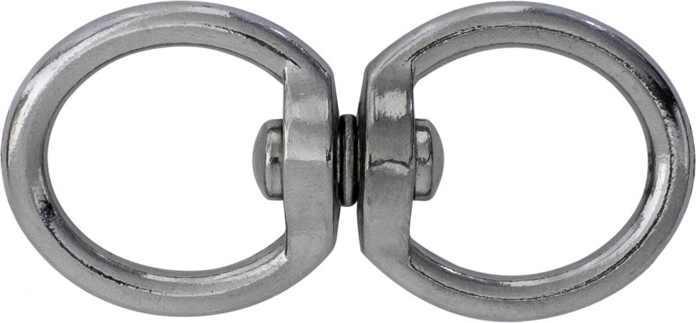 Zwei metallene Ringe nebeneinander, in der Mitte frei drehbar verbunden durch einen kleinen Metallstift