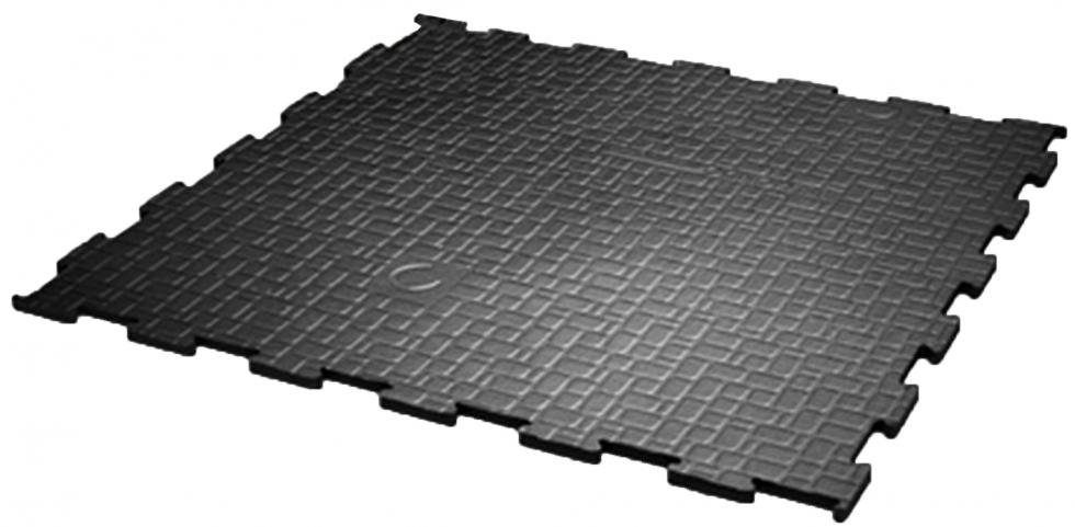 Ein komplettes quadratisches Puzzlestück einer schwarzen Gummimatte, Mosaikmuster, Draufsicht
