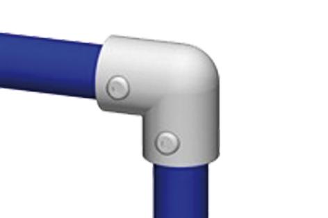 Ein blaues Rohr mit weissem schematischem Eckverbinder verbunden, mit zwei angedeuteten Schrauben